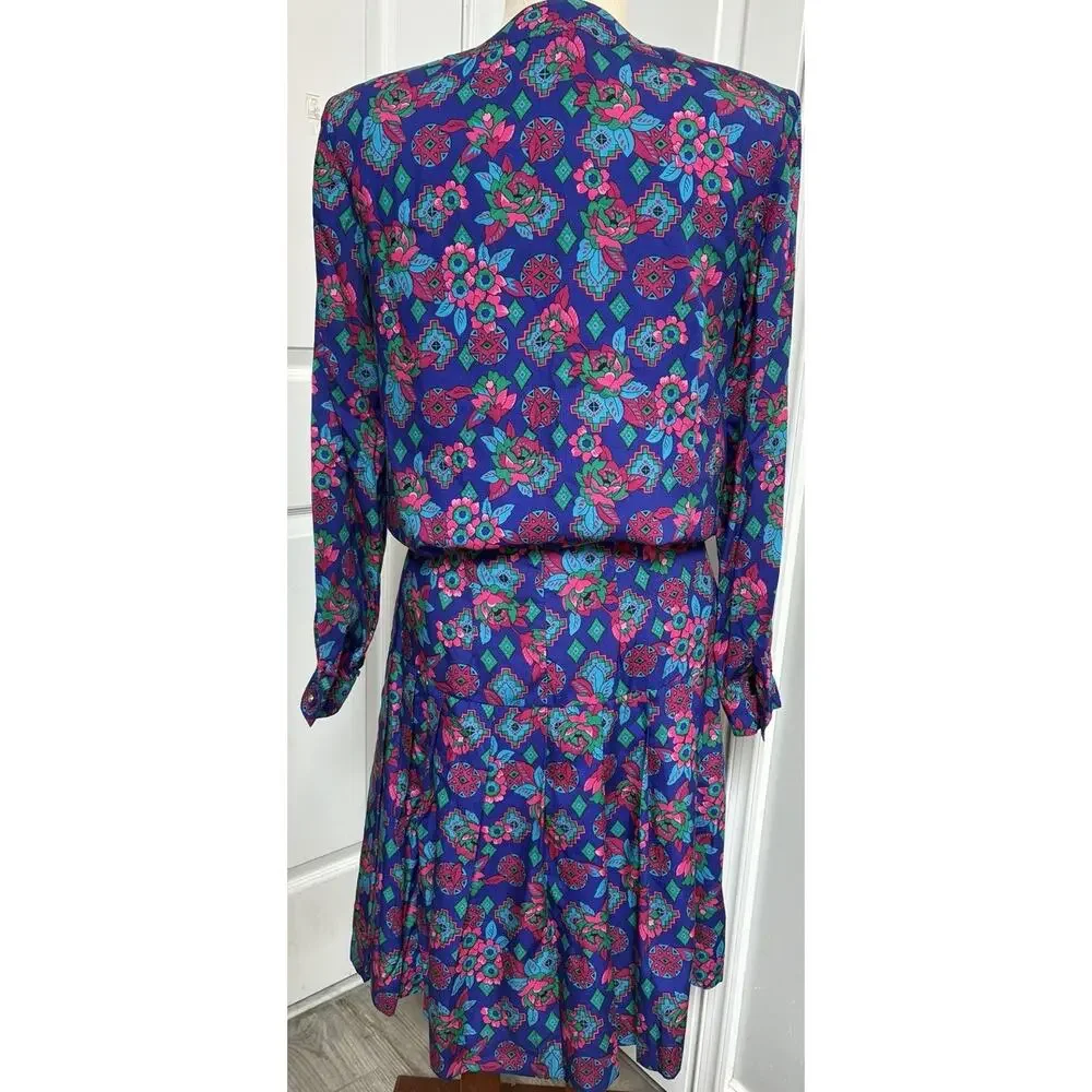 Vtg Liz Claiborne Sport Pleated Midi Skirt & Blouse Set Jewel Tone Floral Size 4